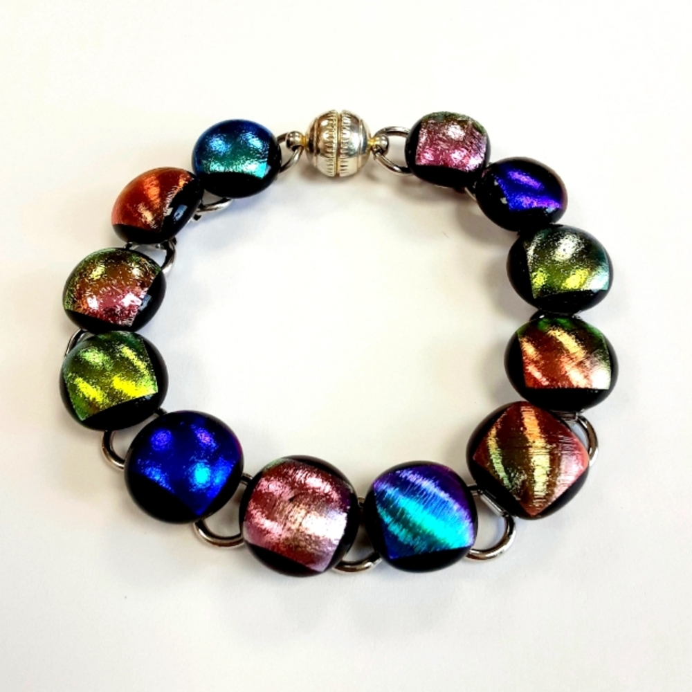 7 1/2" - 8" Multicolor Dichroic Fused Glass Link Bracelet